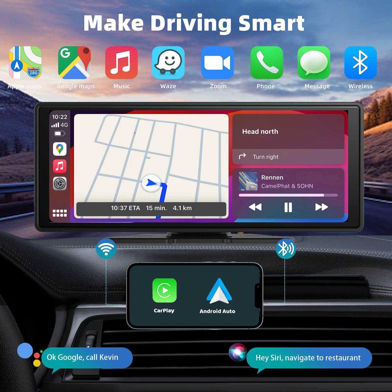 Portable Wireless Carplay Car Stereo, 10.26″ inch HD Touchscreen for Car with Ca