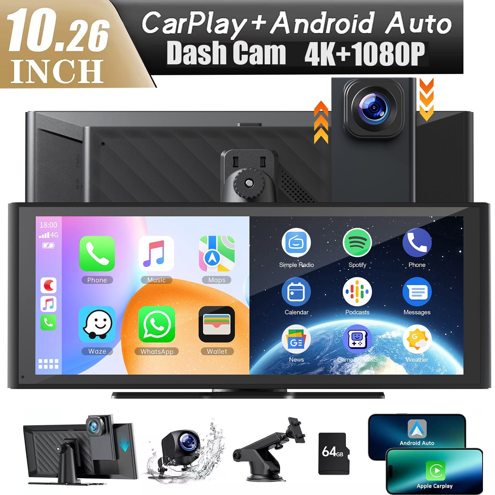 10.26″4K Dash Cam Car Stereo Radio Wireless Apple Carplay &Android Auto+1080PCam