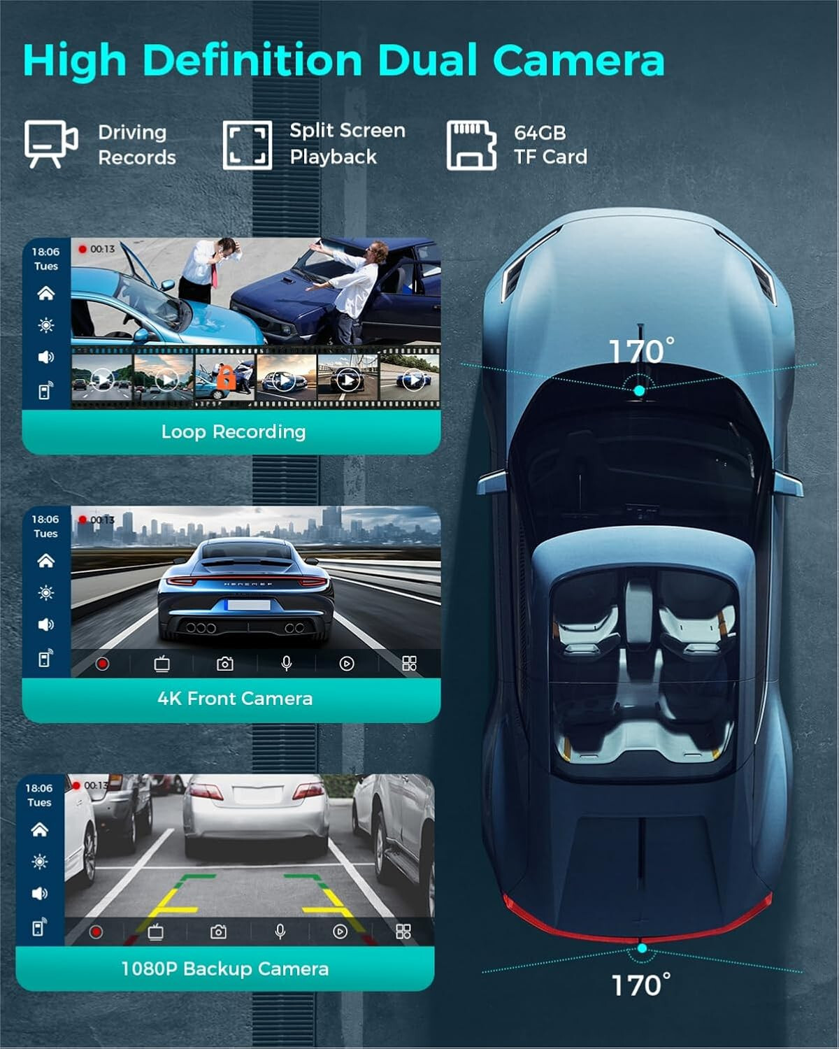 Wireless Carplay with 4K Dash Cam, 9″ Portable Carplay Screen for Car, Apple Car