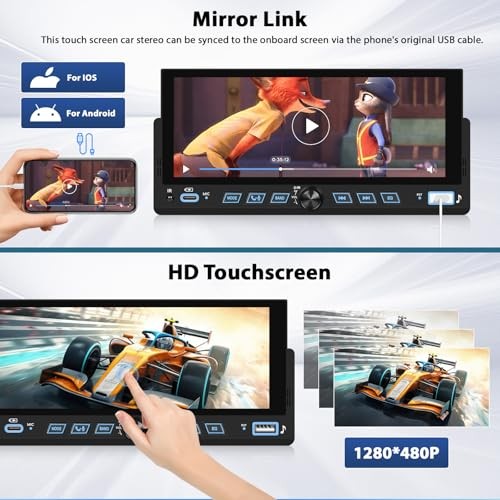 6.86″ Wireless Carplay Car Stereo Single Din Touchscreen Radio Android Auto