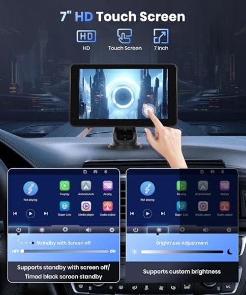 Wireless Carplay Screen for Car,7inch 1080P HD IPS Touch Screen Portable Car