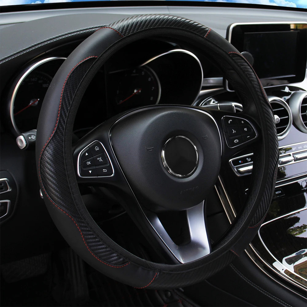 PU Carbon Fiber Leather Car Steering Wheel Cover without Inner Ring Suitable for