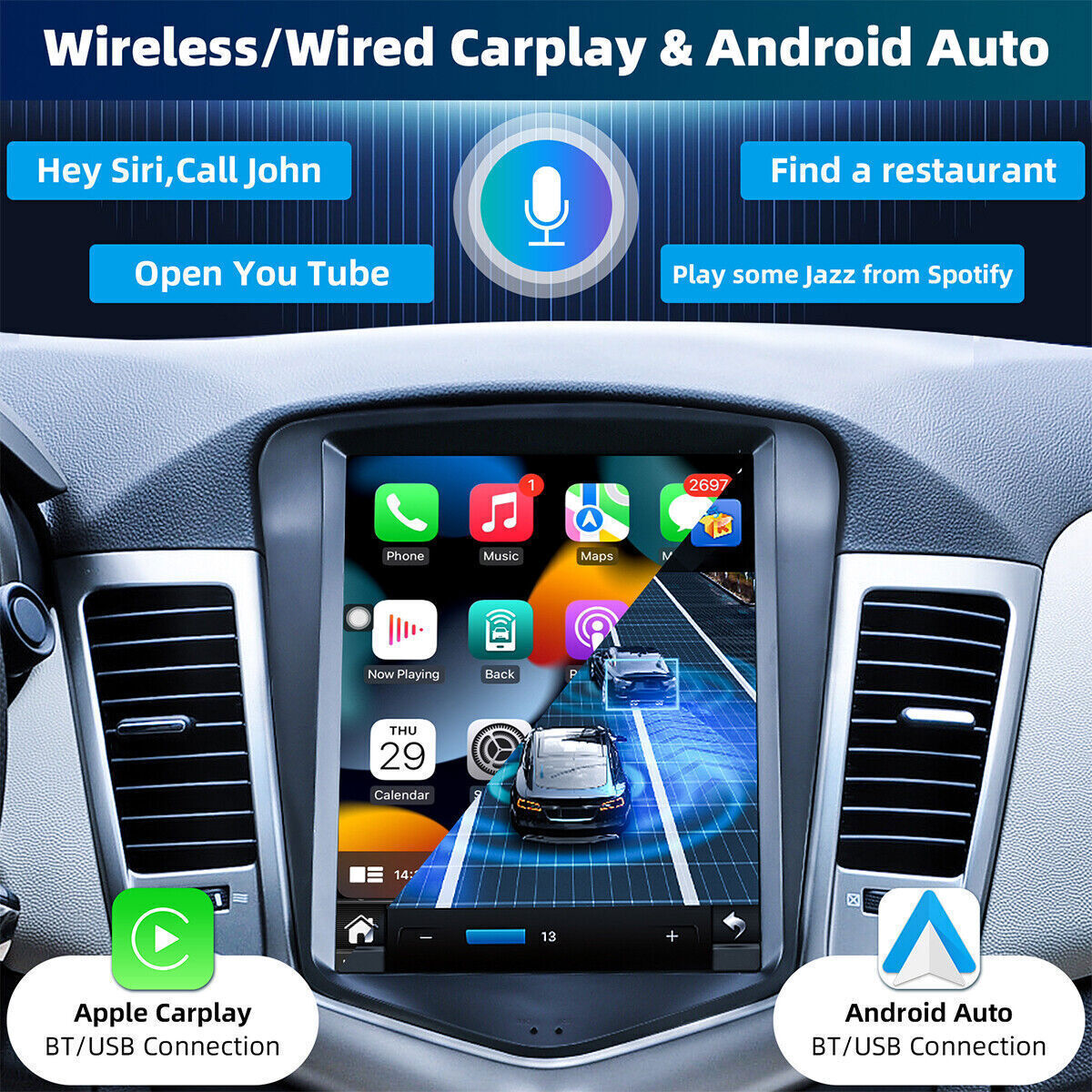 For Chevy Cruze 2011-2015 Car Apple Carplay Android 13 Radio GPS Stereo w/Cam