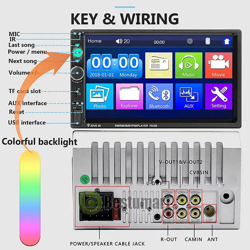 7″ Double 2 DIN Car MP5 Player Bluetooth Touch Screen Stereo Radio With Camera