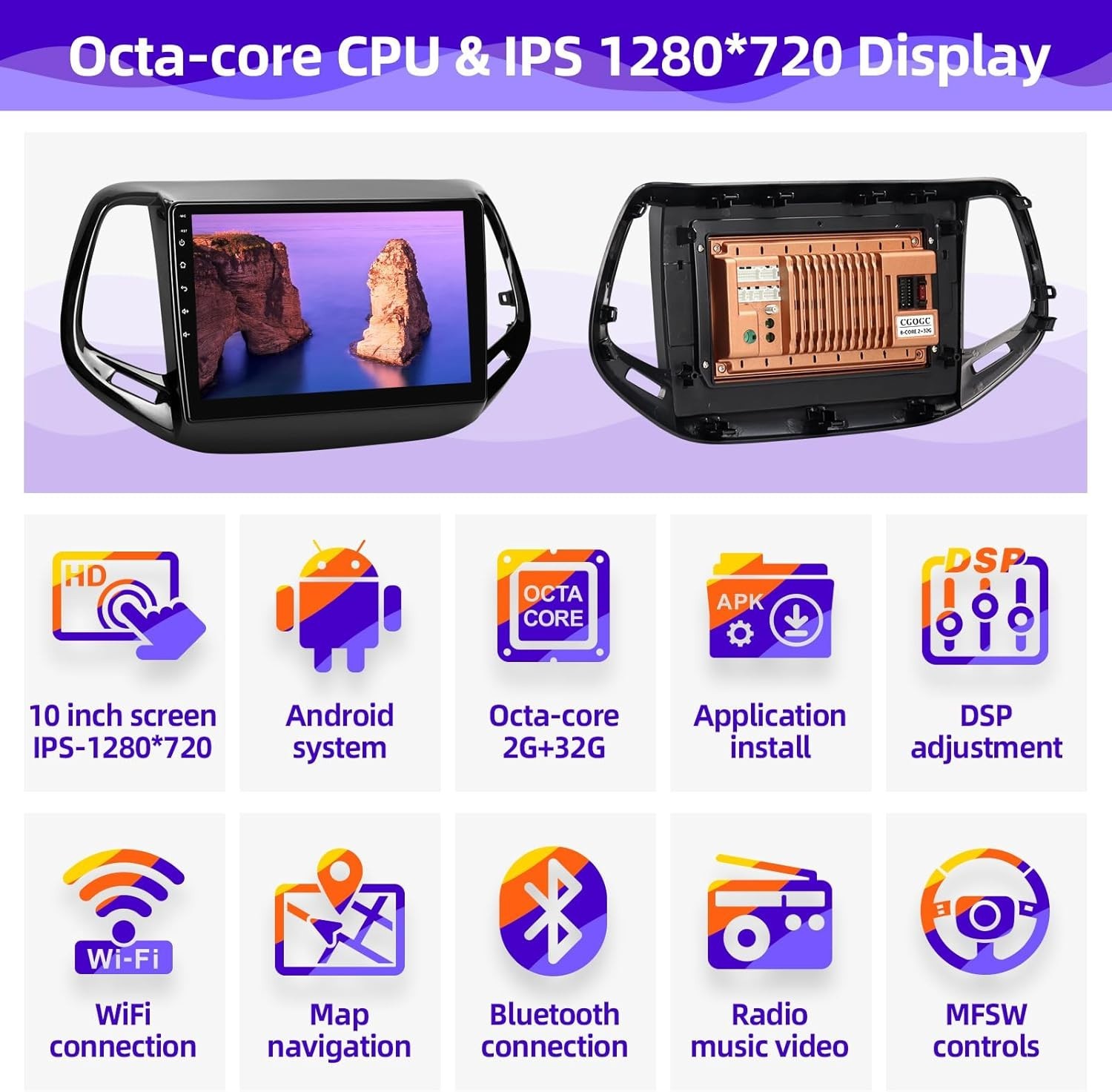 10″ 8Core 32G Android Auto Carplay for Jeep Compass 2017-2020; Free Camera