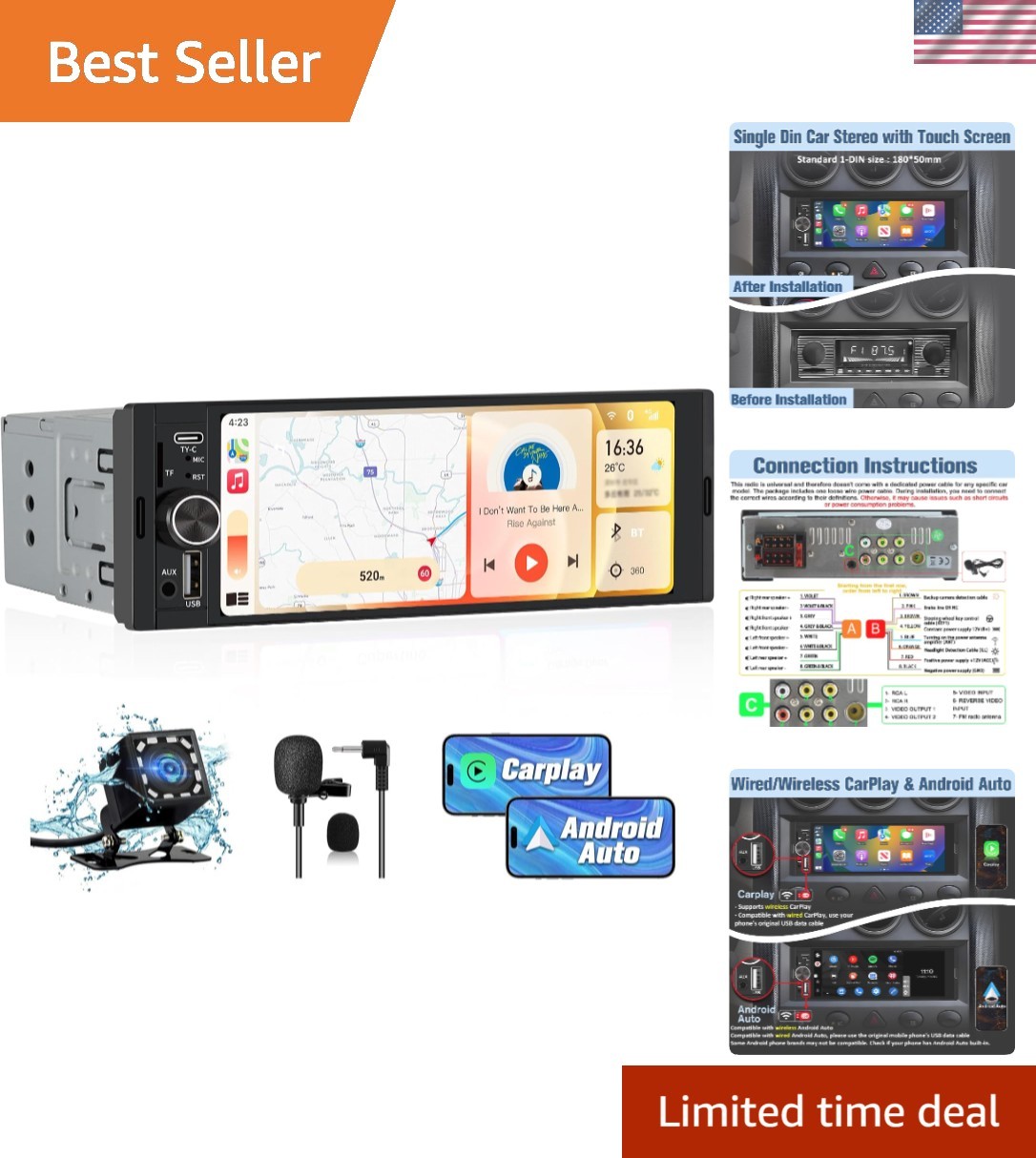 Bluetooth Car Stereo Head Unit with 6.36″ Display, Android Auto & Enhanced Sound