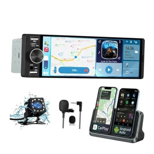 Single Din Car Stereo Universal, 6.36 Inch CarPlay & Android Auto IPS Black