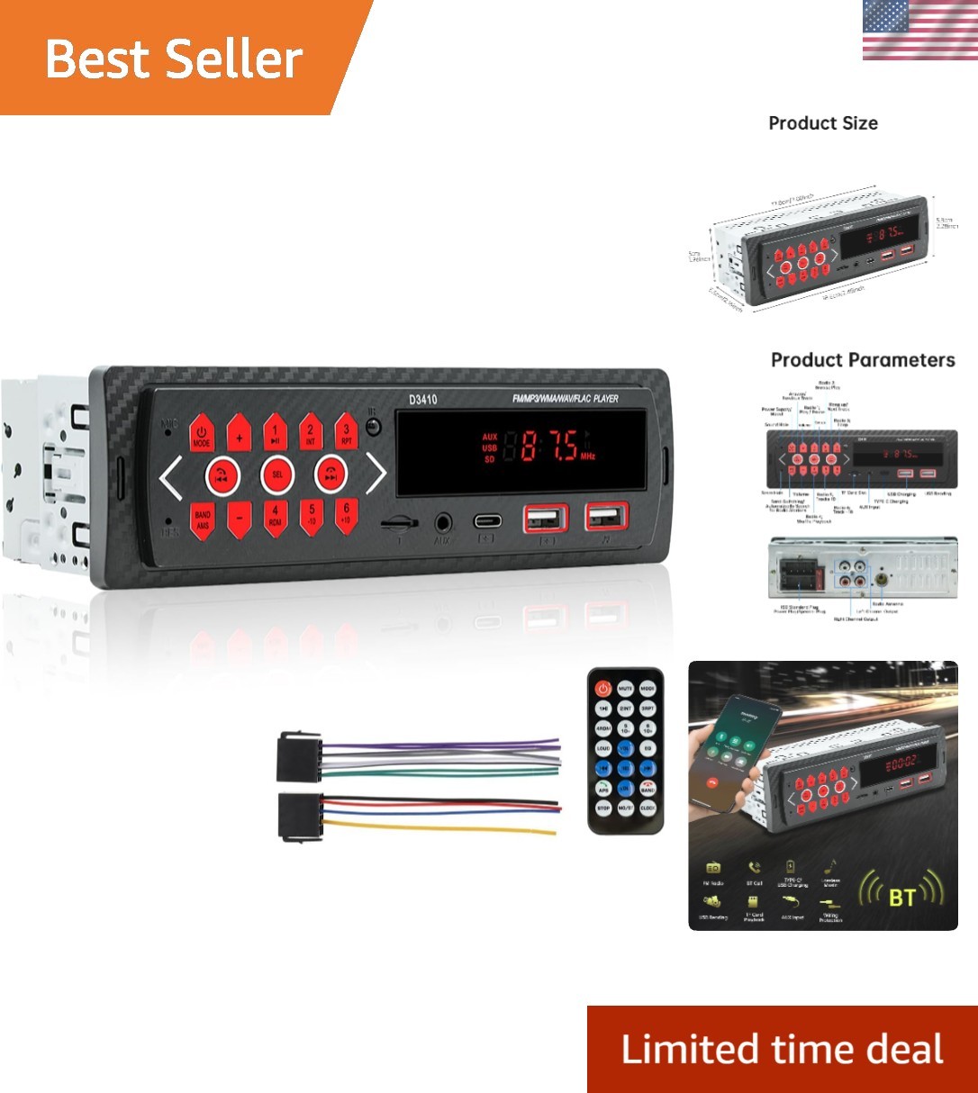 Car Audio Bluetooth Single DIN Stereo, 12V LED Car Radio MP3 Player with Hand…