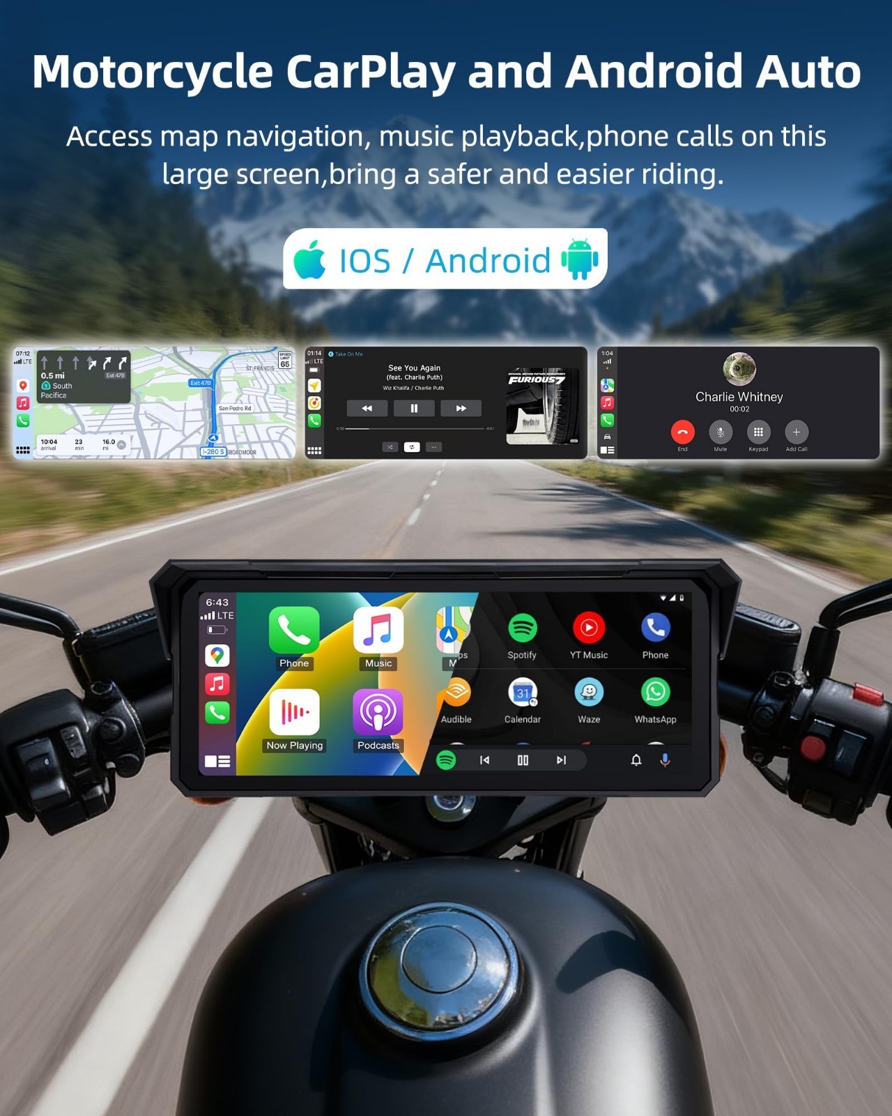 4K Motorcycle CarPlay Screen 8.1″ w/ Dash Cam, GPS, Voice Control, Dual Bluetoot