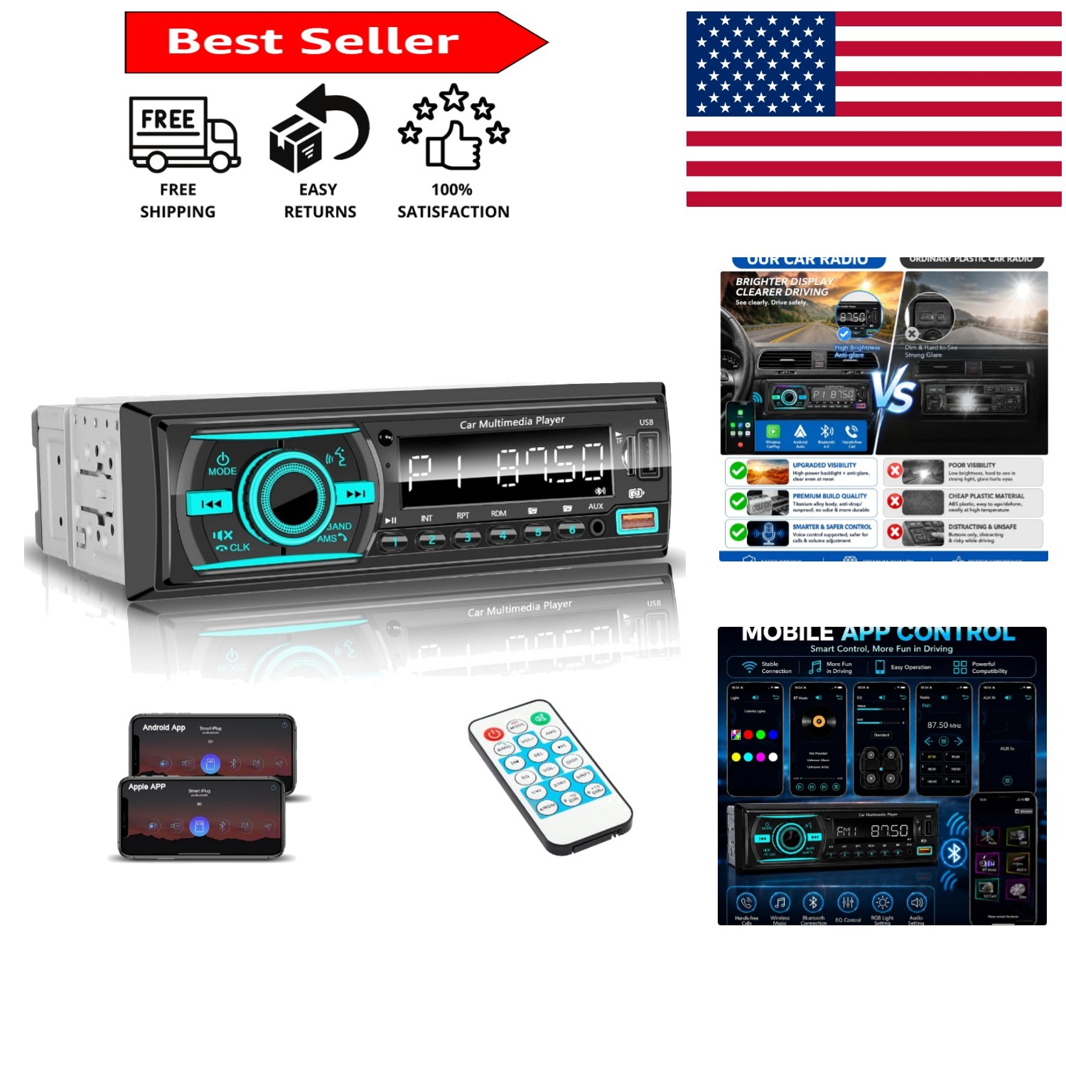 Bluetooth Single Din Car Stereo – Hands-Free Calling & App Control, 7 LED Colors