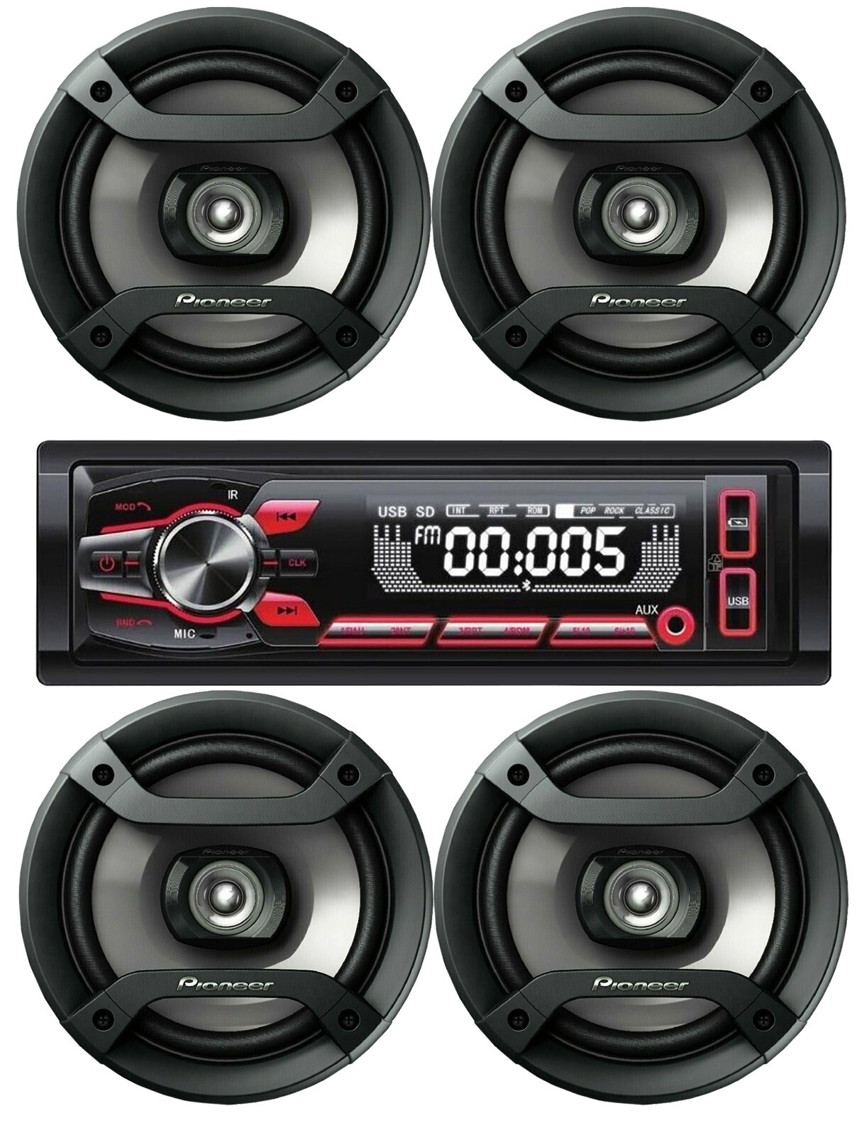 Cerwin Vega CV15BT Multimedia 1- Din Receiver +4x Pioneer TS-F1634R 6.5″ Speaker