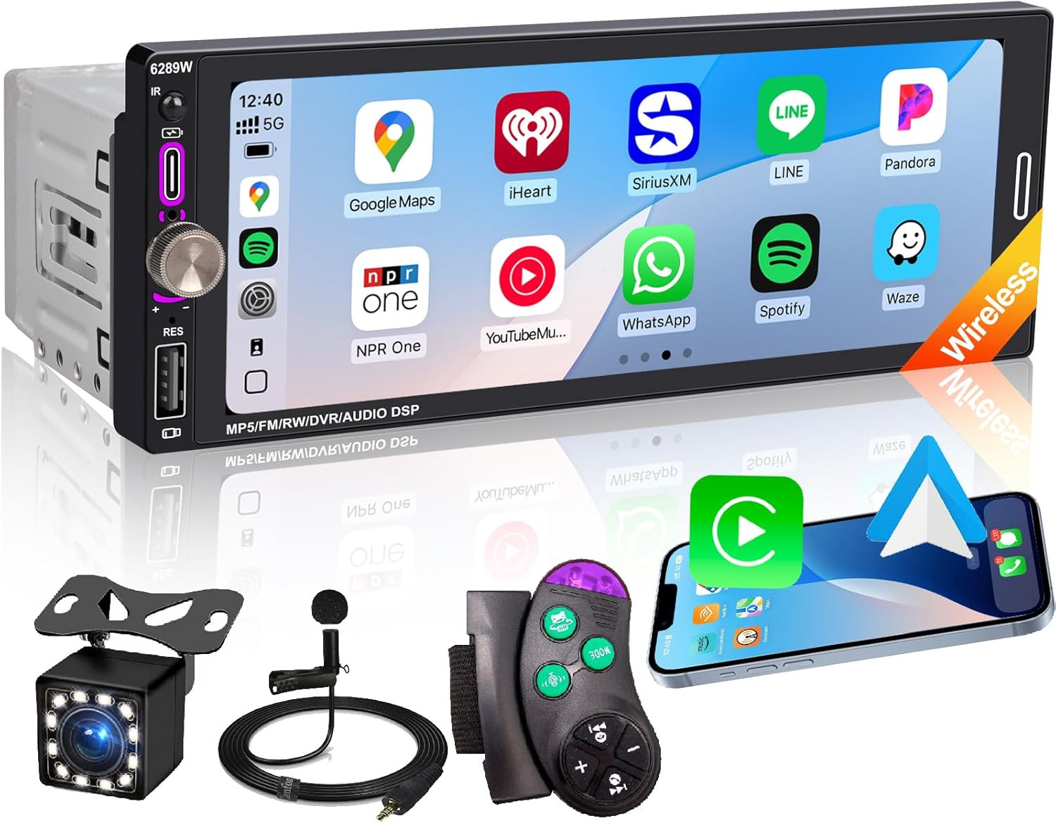 6.9″ Single DIN Car Radio with Wireless Apple Carplay, Car Bluetooth 5.2, AM FM