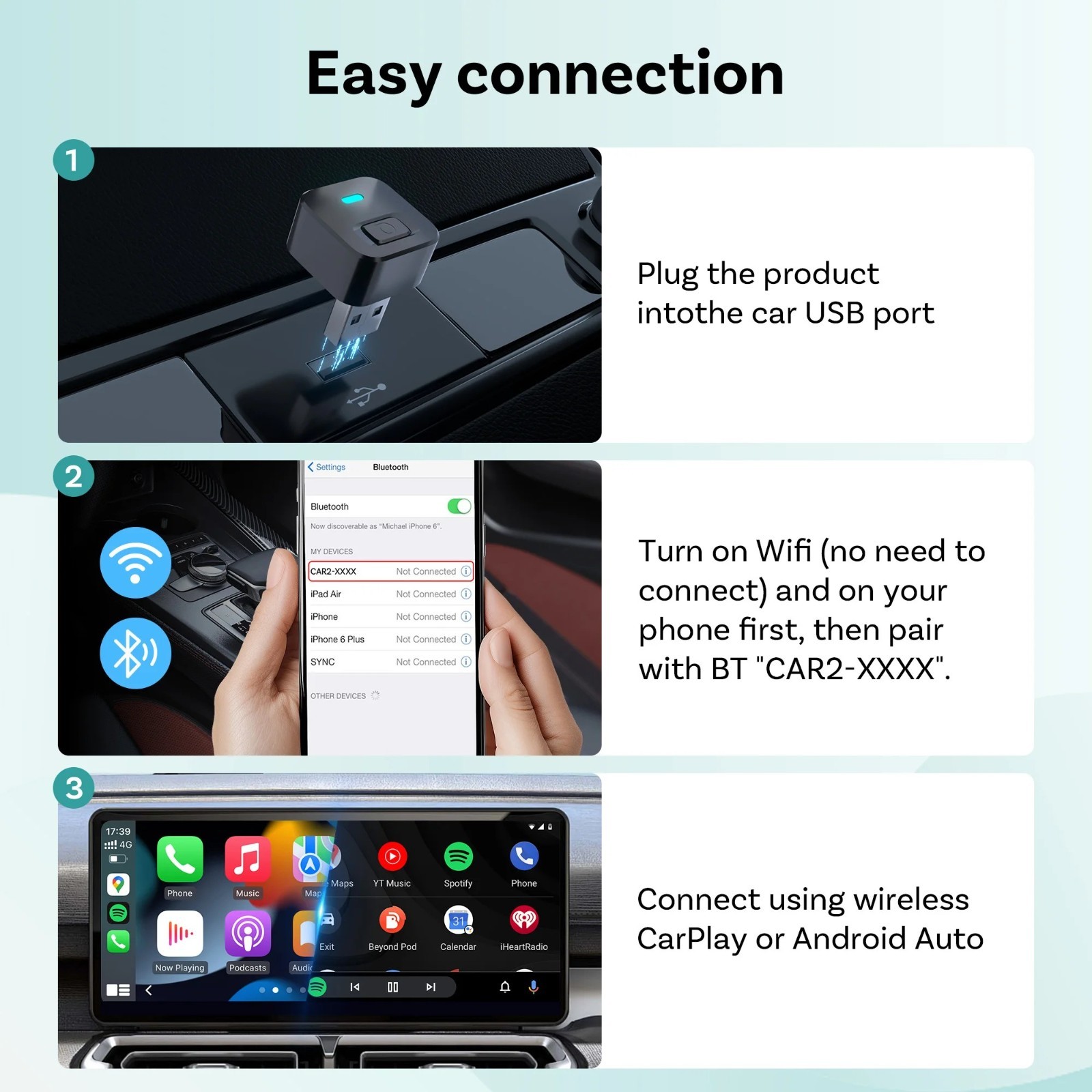 Ottocast Wireless CarPlay Android Auto Adapter USB Dongle Plug & Play Bluetooth