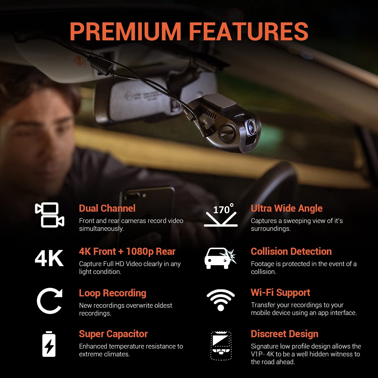 Rexing V1P 4K Dual Dash Cam Front+Rear 2160p+1080p Wi-Fi G-Sensor Loop Record