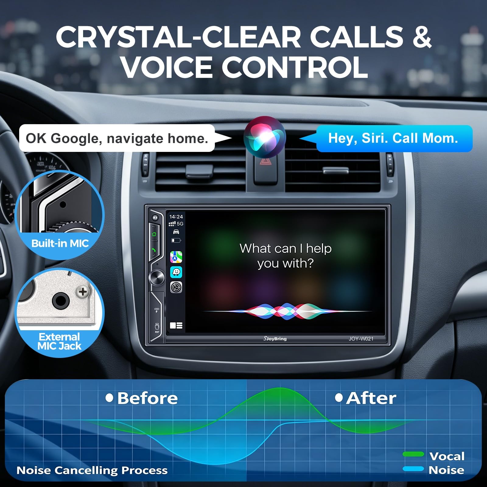 SJoyBring 7″ QLED Double Din Car Stereo Compatible with Wireless Apple CarPla…