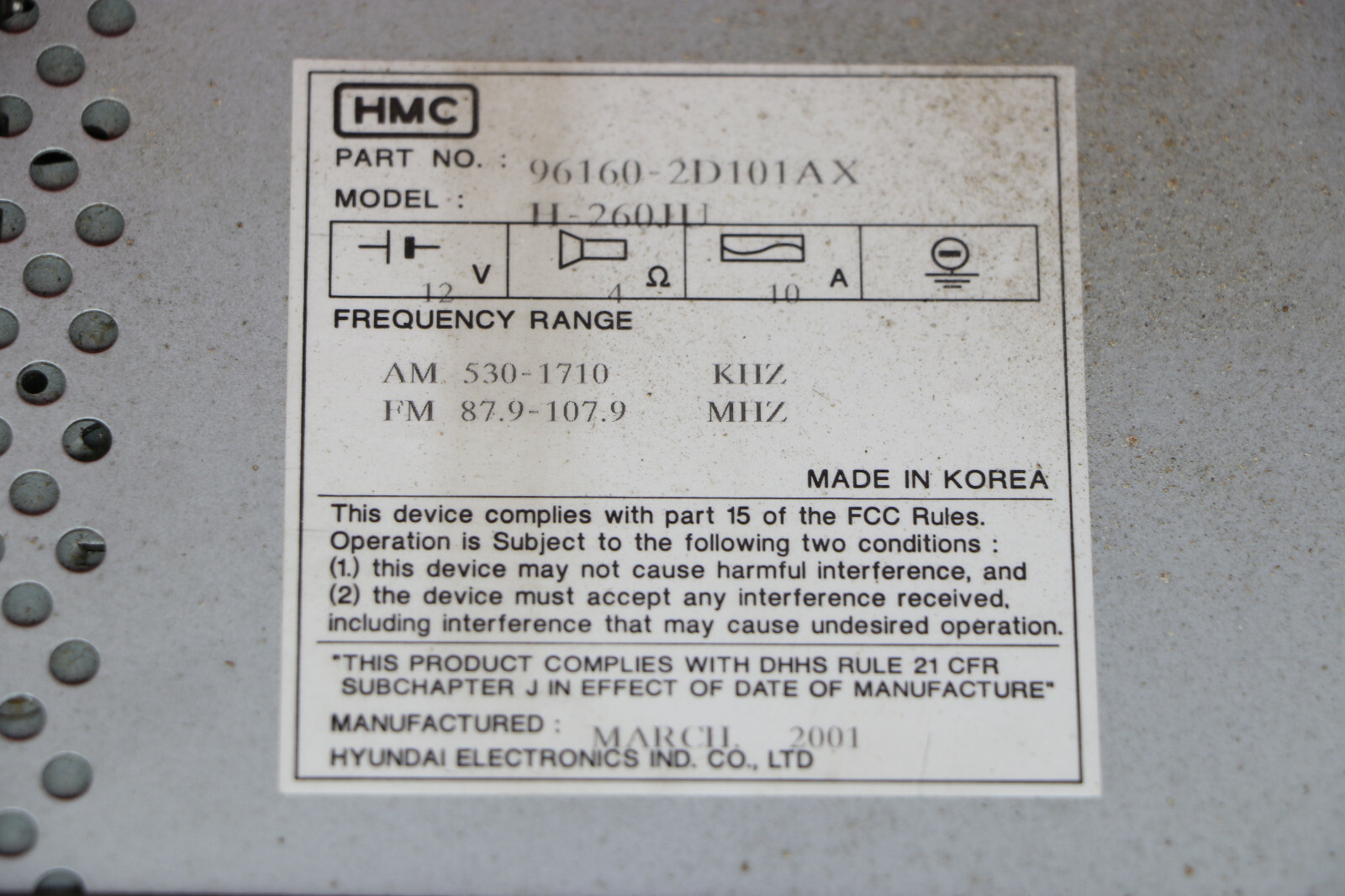 Hyundai Factory CD FM/AM Radio Part No. 96160-2D101AX H-260JU