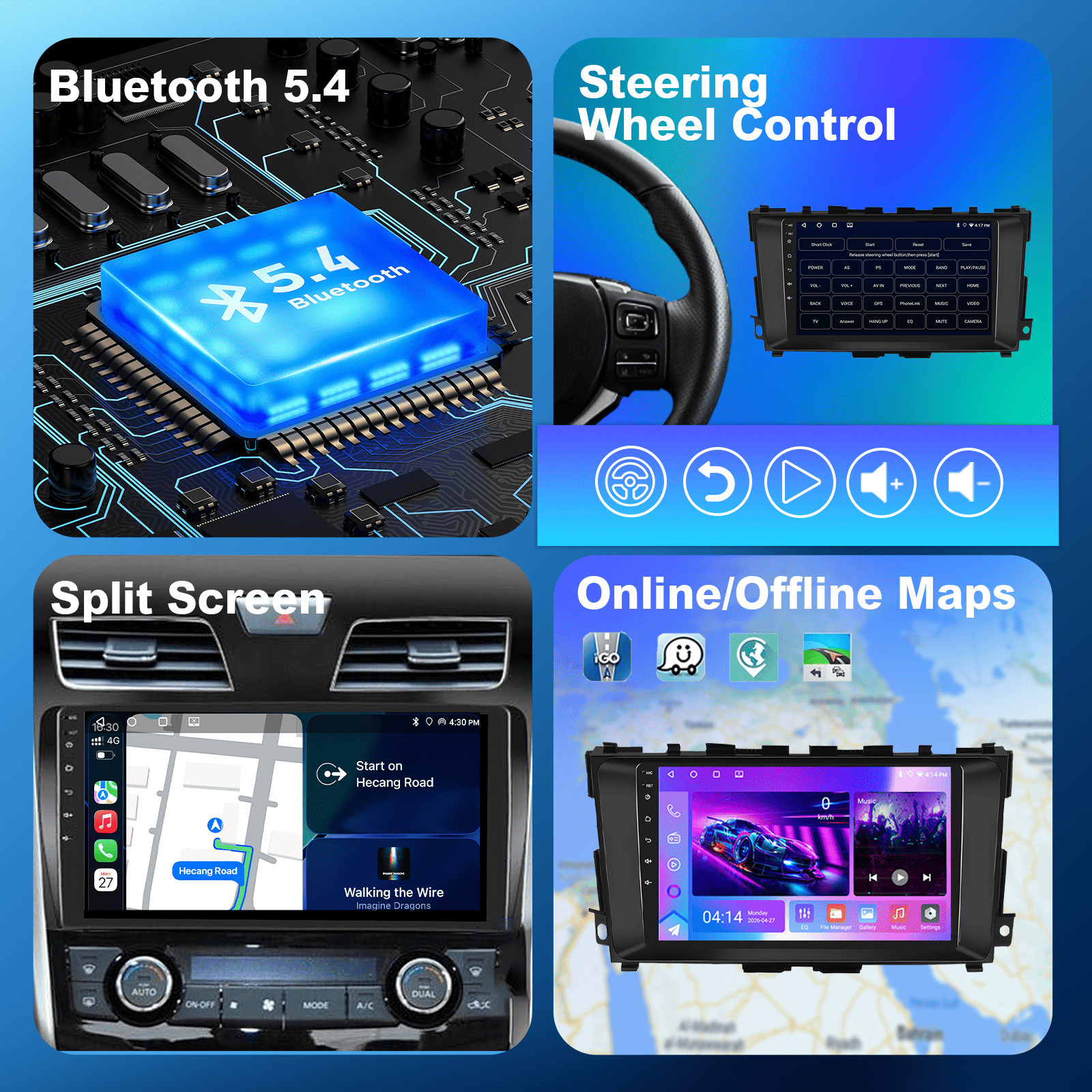8 Core 4+32G Nissan Altima 2013-2018 9″ Android14 Radio,CarPlay Android Auto,AM