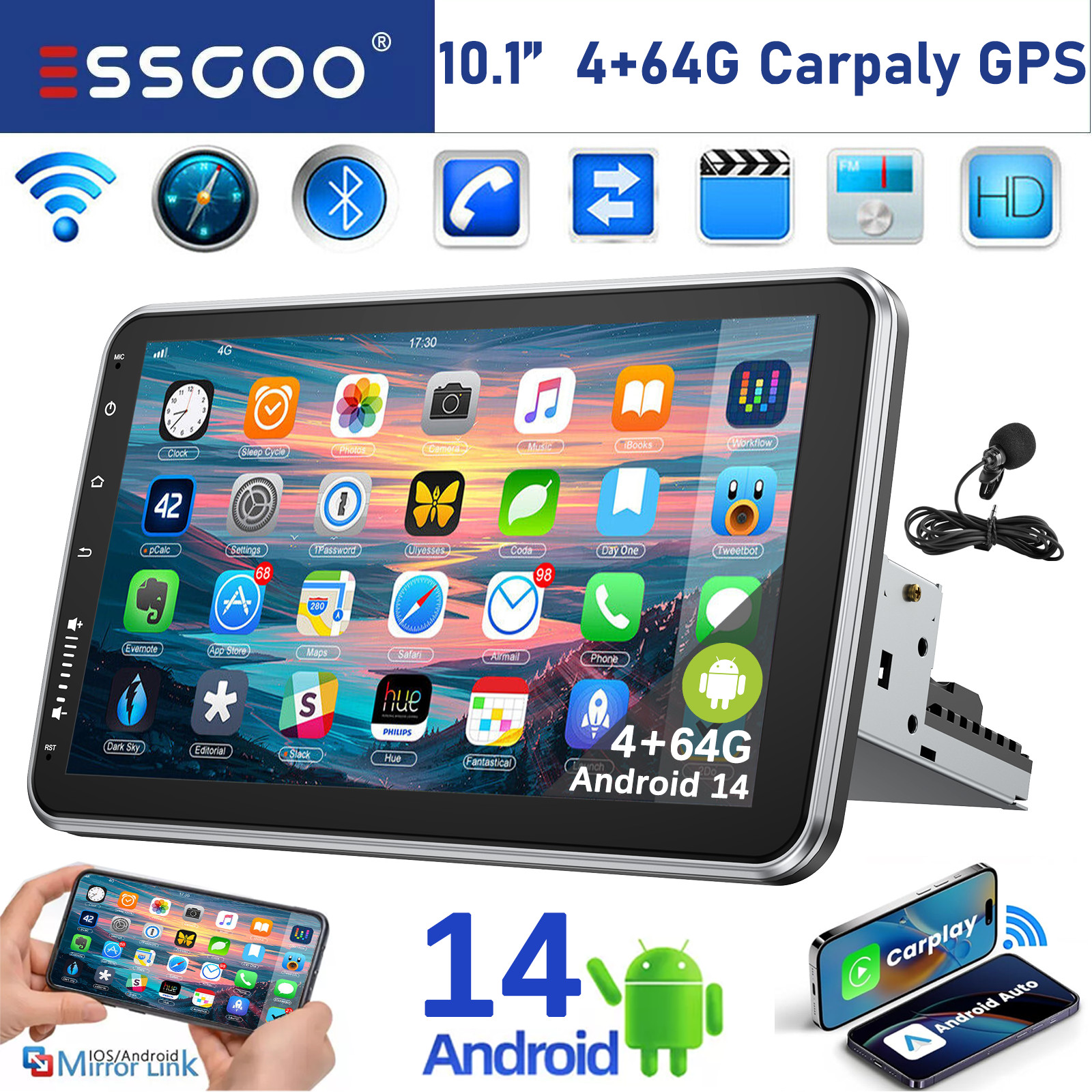 4G+64G 10” Single 1 DIN Carplay Android 14 Car Stereo Radio Rotatable GPS WIFI