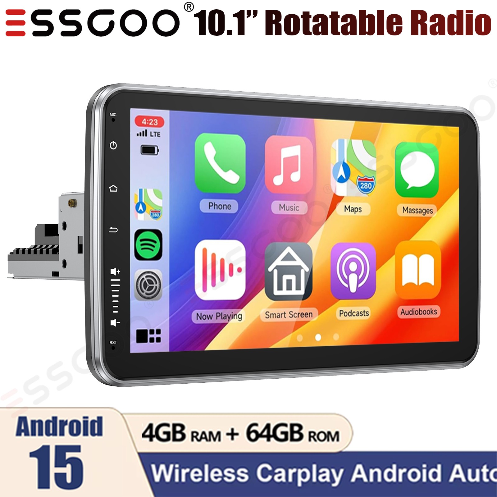 10.1″ Single 1 Din Android 15 Car Stereo Radio GPS WiFi Carplay Rotatable 4+64G