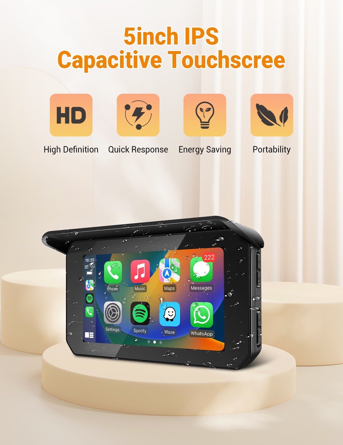 GPS Portable Motorcycle Navigator Wireless CarPlay Waterproof 5″IPS Touch Screen