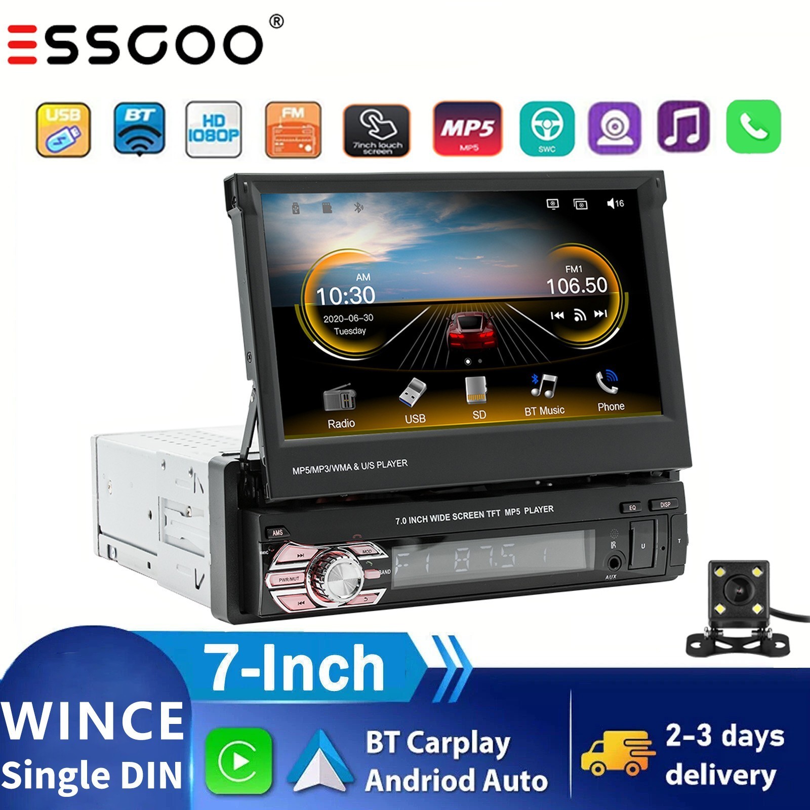 1 DIN 7 Inch Flip Out Touch Screen Car Stereo Radio MP5 Player FM BT AUX Camera
