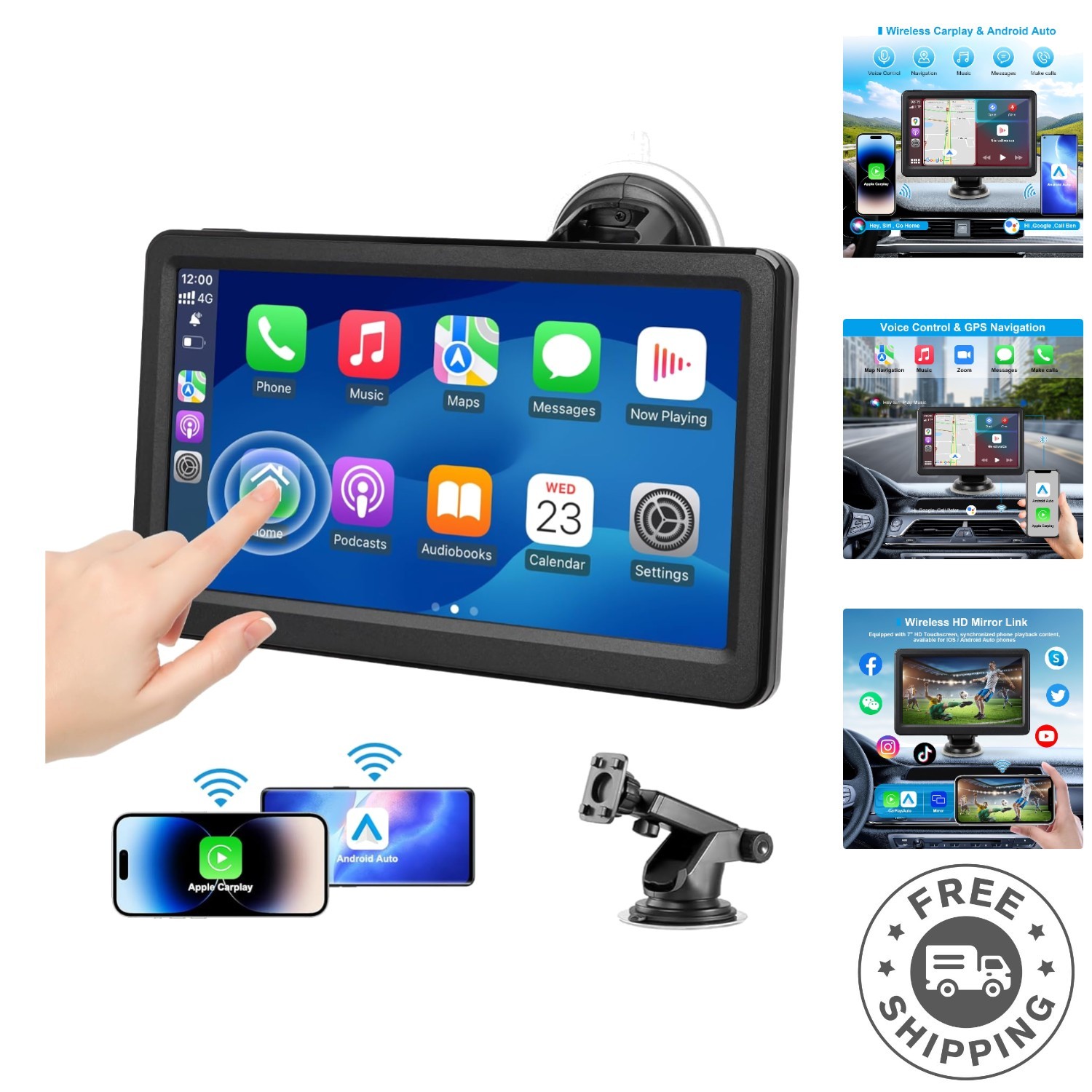 Portable Car Stereo with Bluetooth, AUX & FM – Supports Carplay & Android Auto