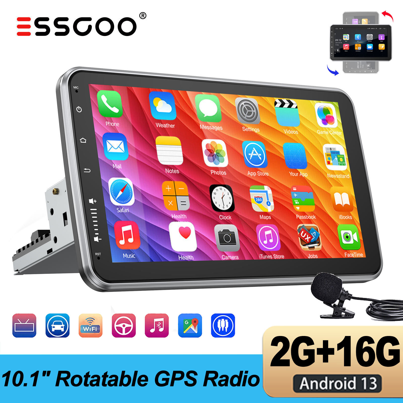 Android 13 Single DIN Rotatable 10” Touch Screen Car Stereo Radio GPS Nav 2+16G