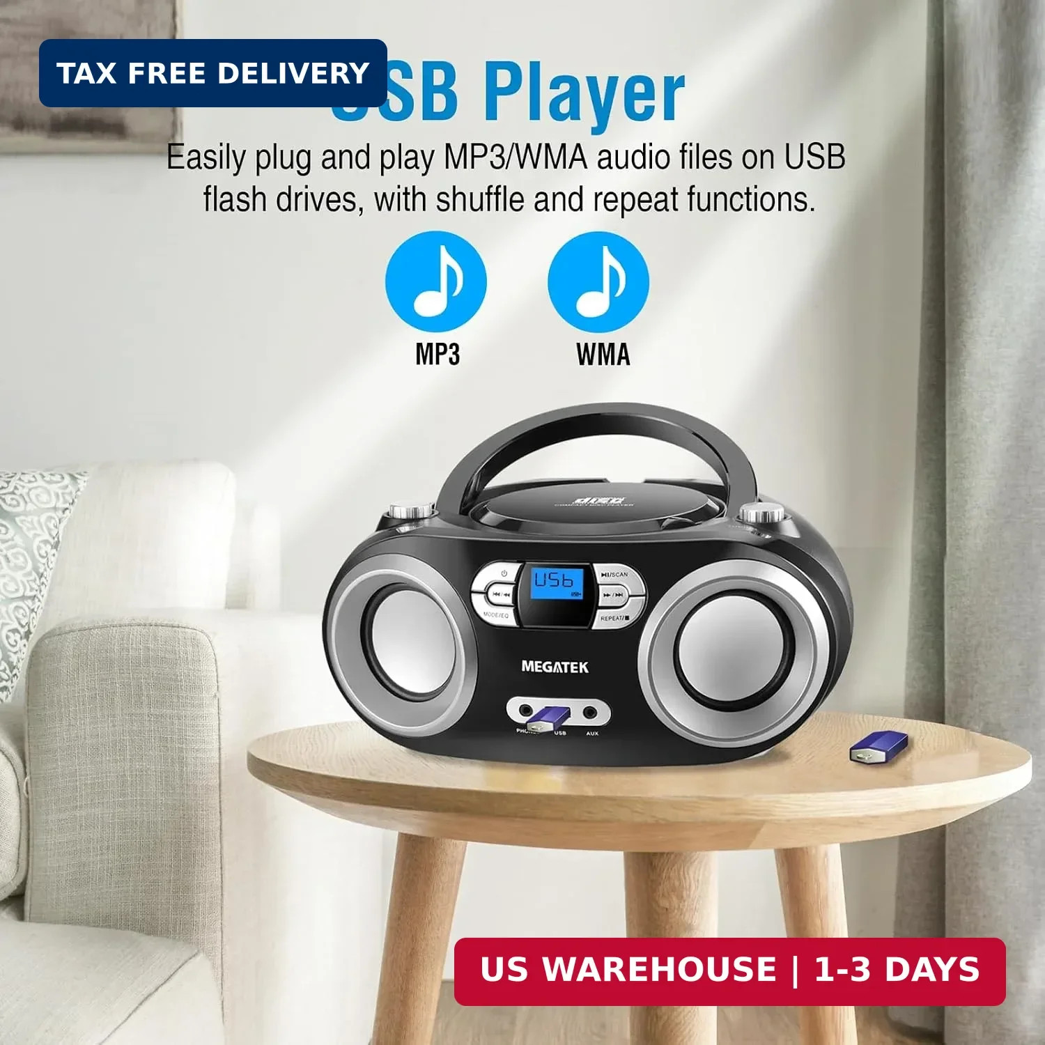 MEGATEK Portable CD Player Boombox with FM Radio, Bluetooth, USB Port, AUX Input