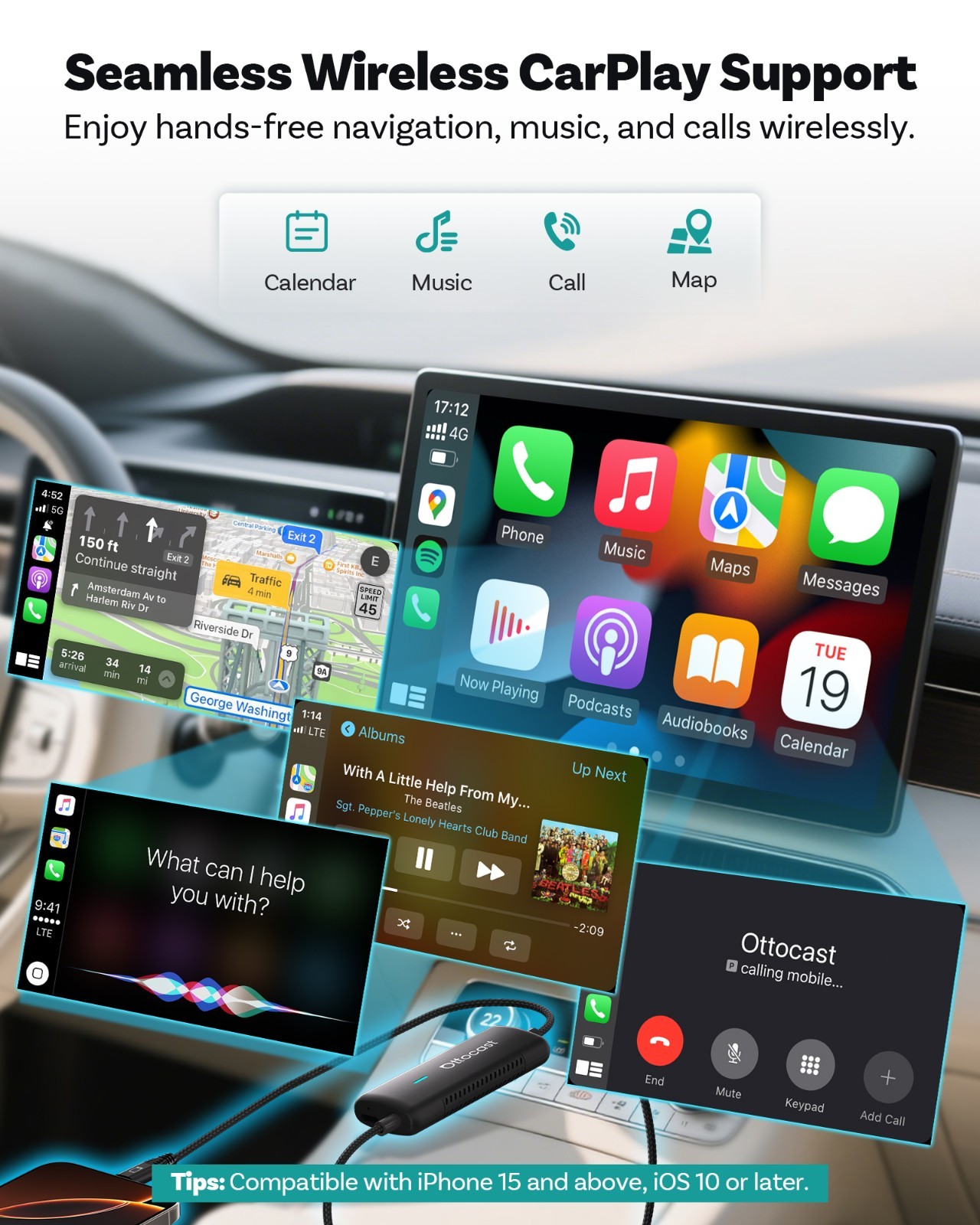 Ottocast Wireless CarPlay & MirrorLink Adapter for iPhone/Android Auto-Reconnect