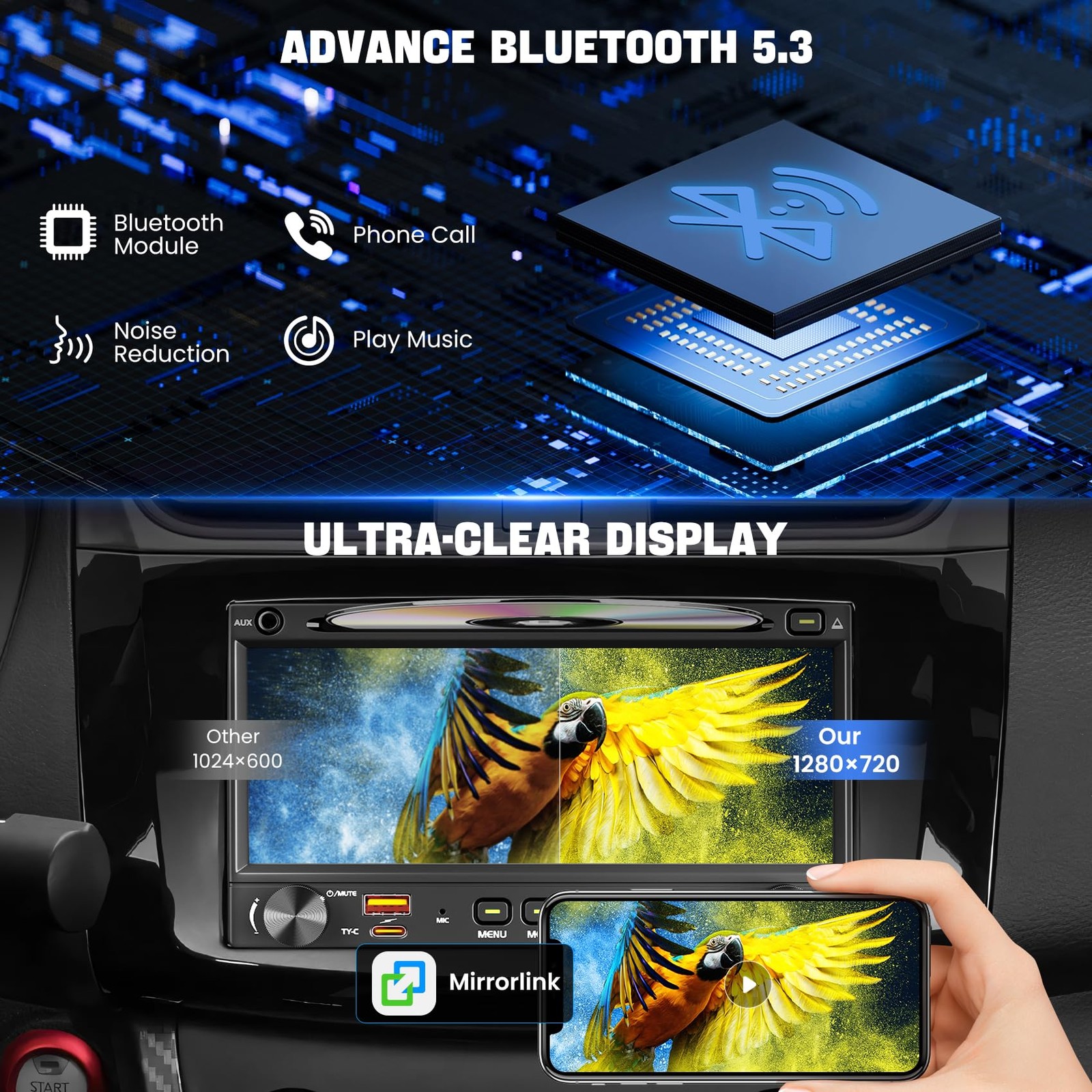 [QLED Screen Upgrade] 7″ Double Din Car Stereo CD DVD Player, Wireless CarPla…