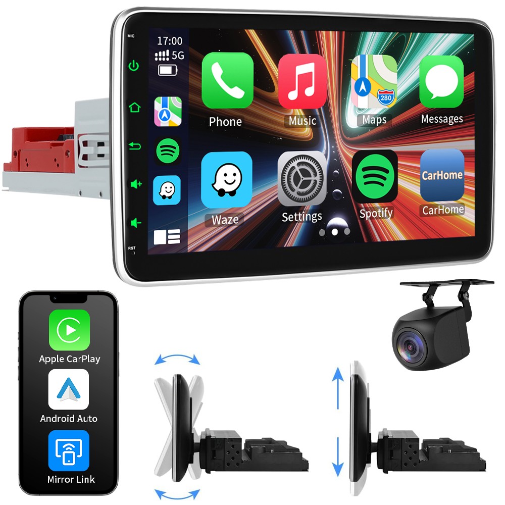 Single 1 DIN Rotatable Screen 10″ Android Auto Car Stereo Radio CarPlay GPS Navi