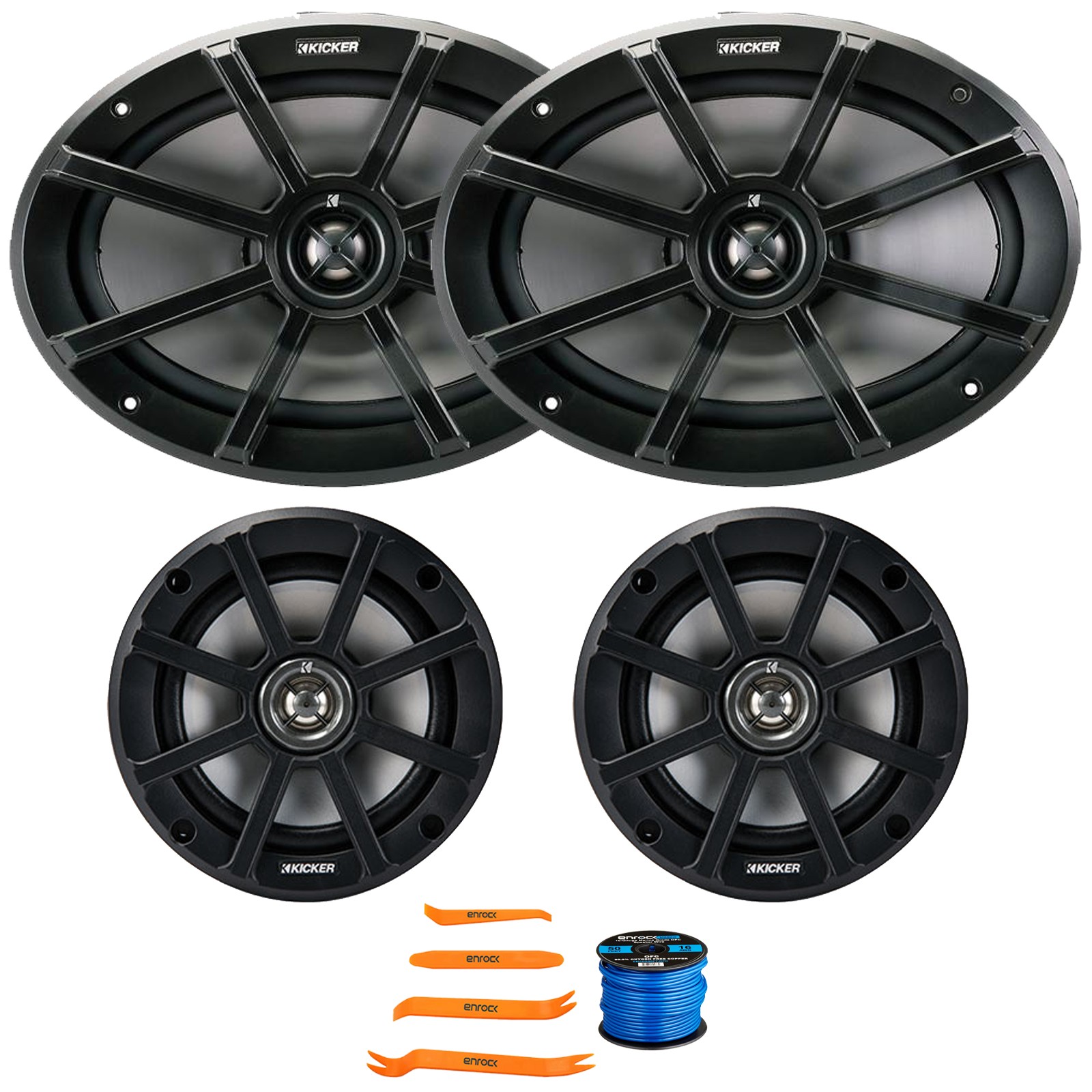 2x Kicker 40PS692 6×9″ 180W 2-Ohm Speakers, 2x 6.5″ 120W Weather-Proof Speakers