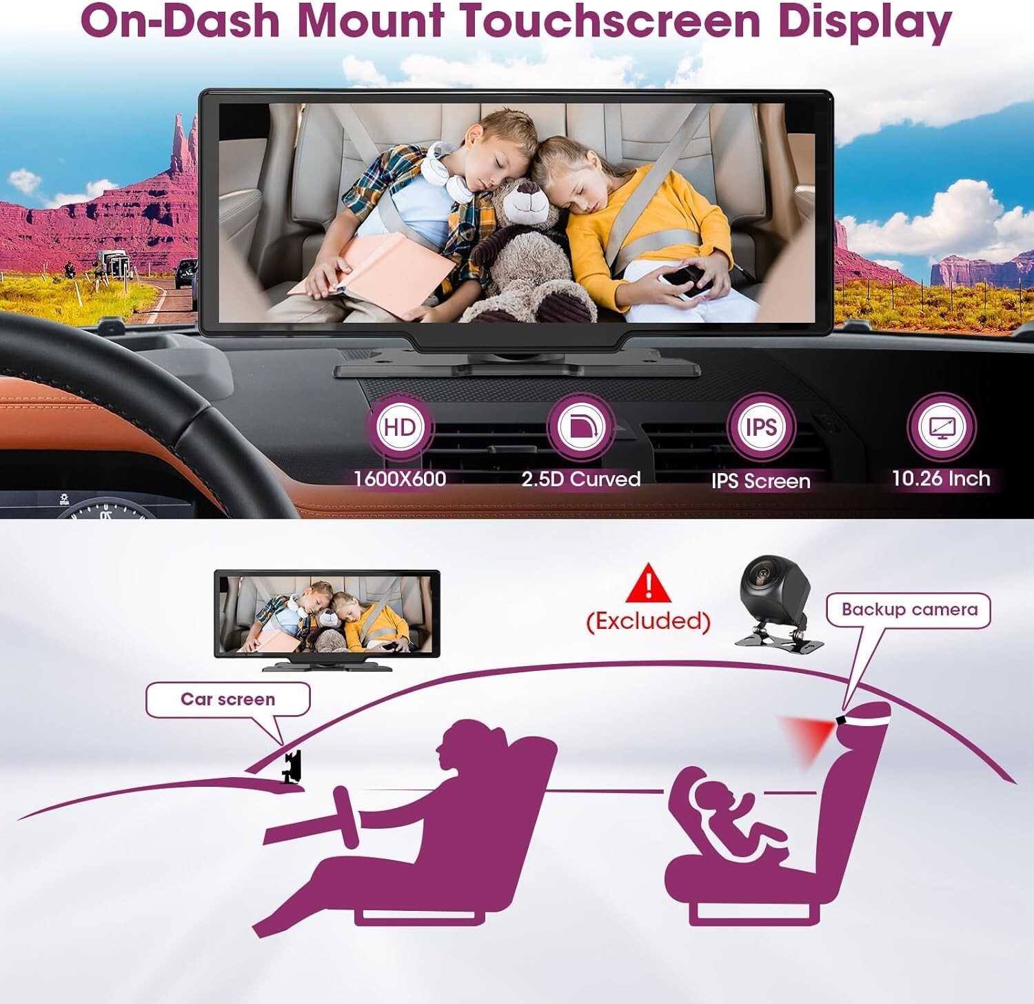 Wireless CarPlay 10.26″ Touchscreen Dash Mount Android Car Stereo 2.5K Dash Cam