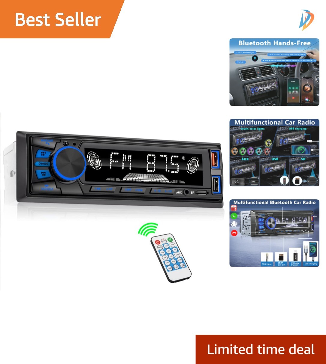 Bluetooth Single DIN Car Stereo with Dual USB & 7 LED Colors for Custom Ambiance