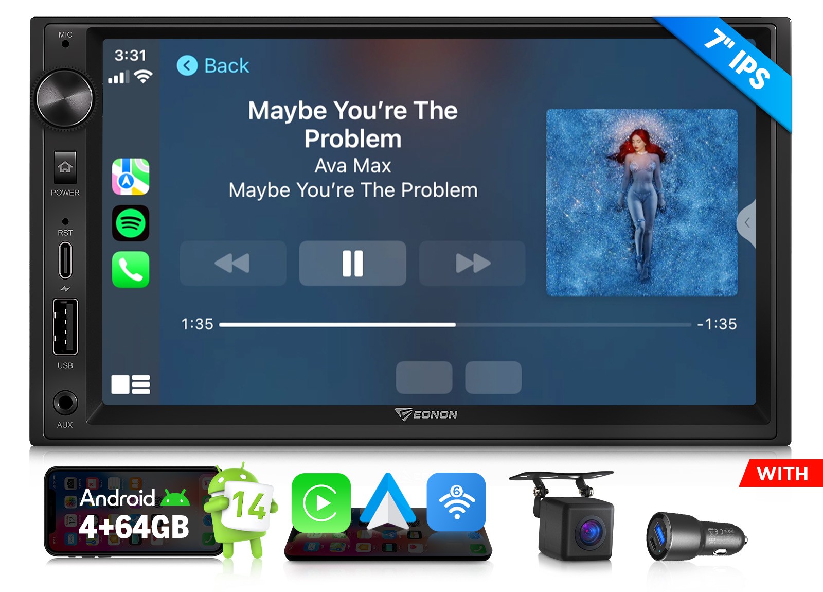 Eonon UX7A Android 14 4+64 7″ IPS 2 DIN GPS Apple CarPlay Car Stereo Radio Audio