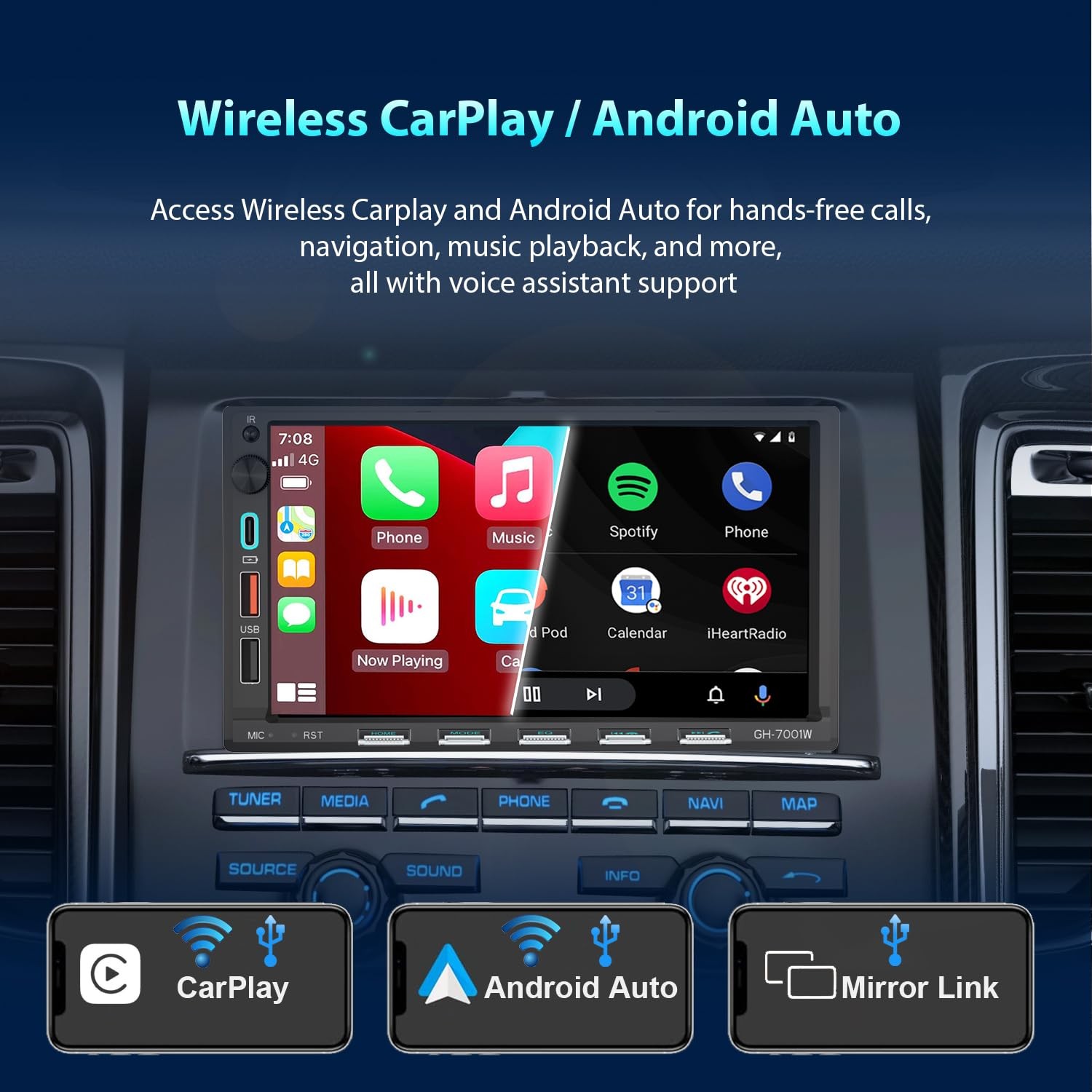 Alondy Double Din Car Stereo 7″ Touchscreen Wireless CarPlay/Android Auto
