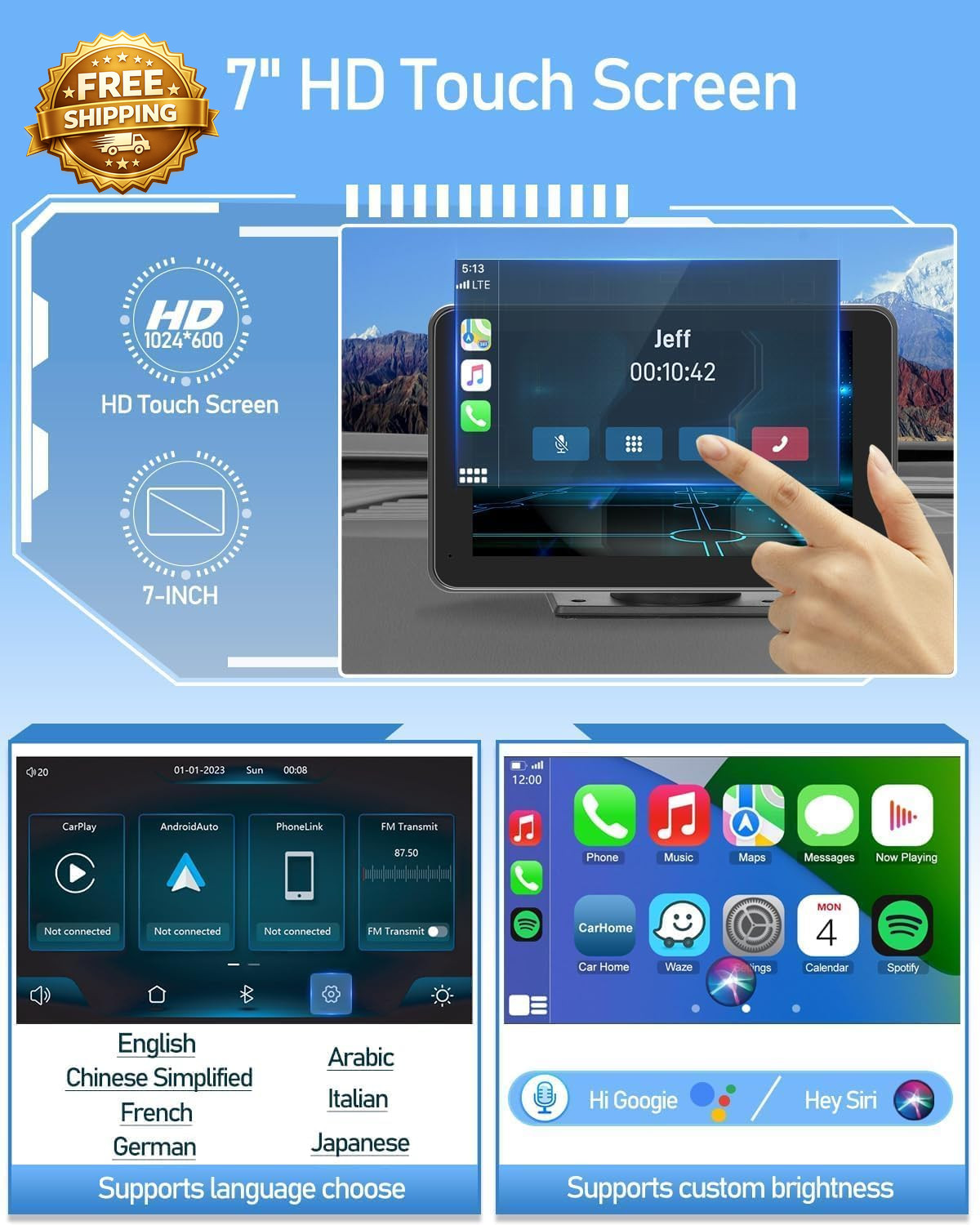 Wireless Screen for Car 7″ Portable Stereo Touchscreen with Apple Android Auto