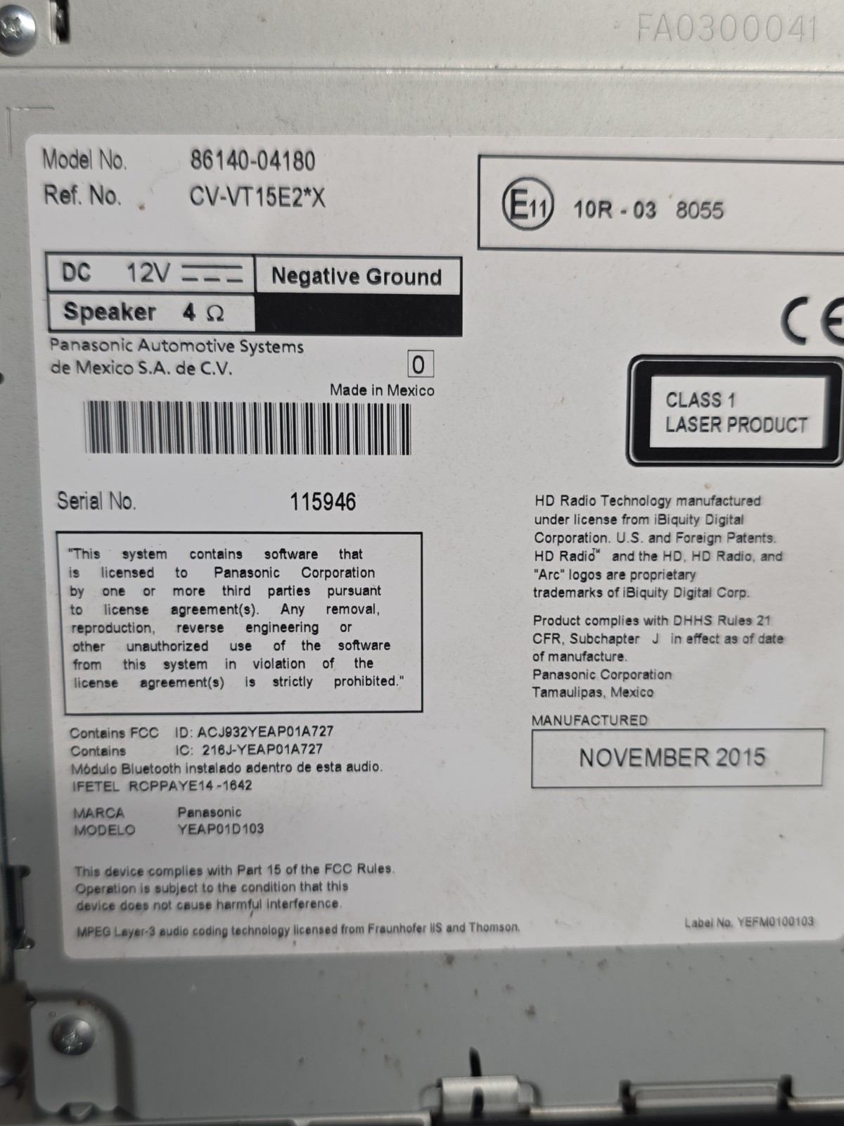2016 – 2019 Toyota Tacoma Audio Radio Display Screen OEM Model No. 86140-04180