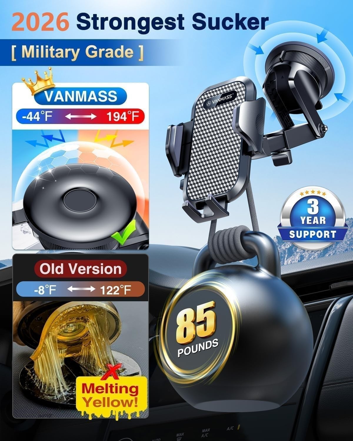 Car Phone Holder Military Grade Suction and Clip Adjustable Mount for Dashboard