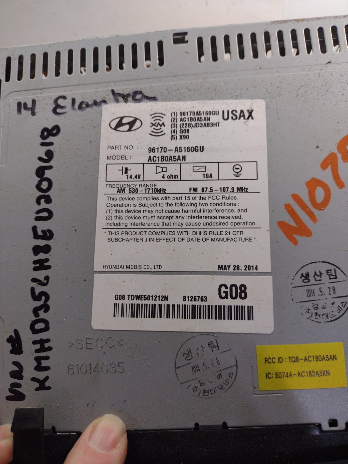 2014 2015 Hyundai Elantra AM FM Radio Receiver 96170-A5160GU