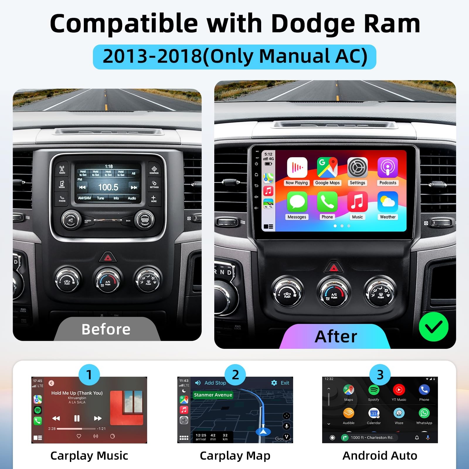 Dodge RAM 1500 2500 3500 2013-2018 Android 13 Car Stereo with Backup Camera