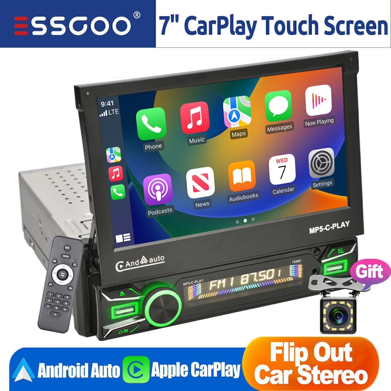 Flip Out 7” Single 1 Din Car Stereo Head Unit Apple CarPlay Touch Screen Radio