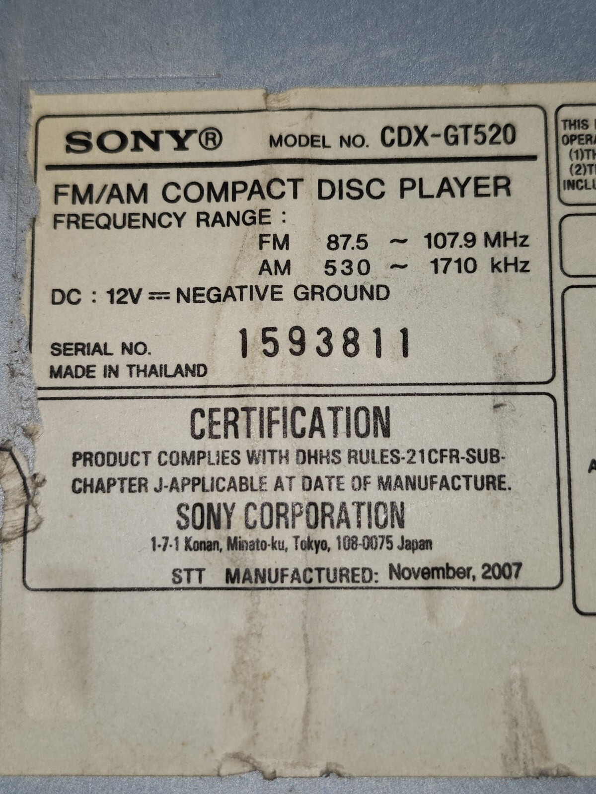 (H8-#2) — Sony GTX-GT520 Compact Disc Player For Auto – Untested
