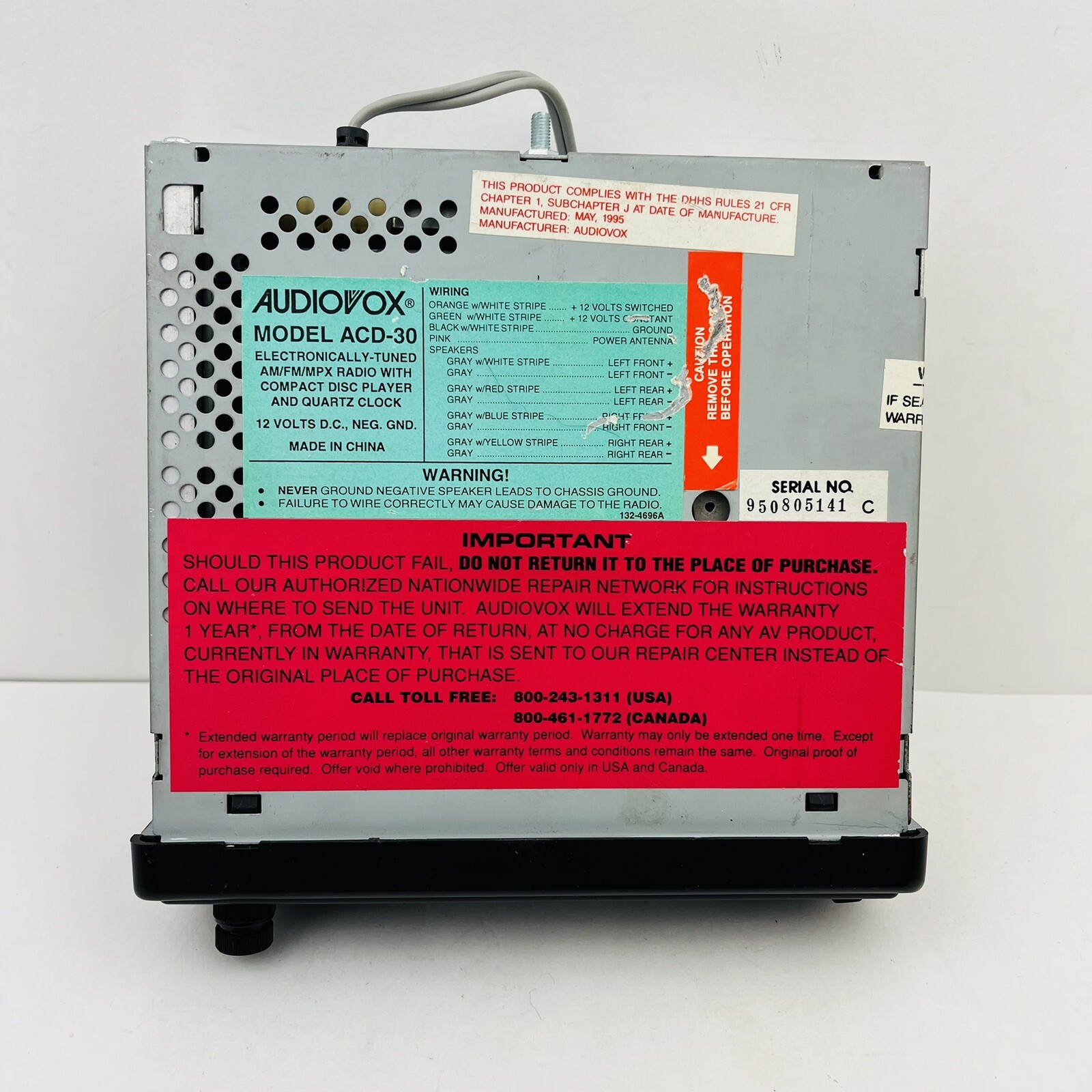 Audiovox AM FM MPX Radio With Compact Disc Player Model ACD-30