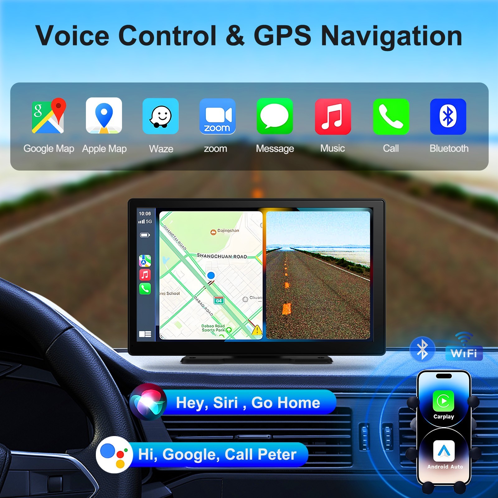 9 Inch Touch Screen Portable A-pple CarPlay & Android Auto Car Stereo + Rear Cam