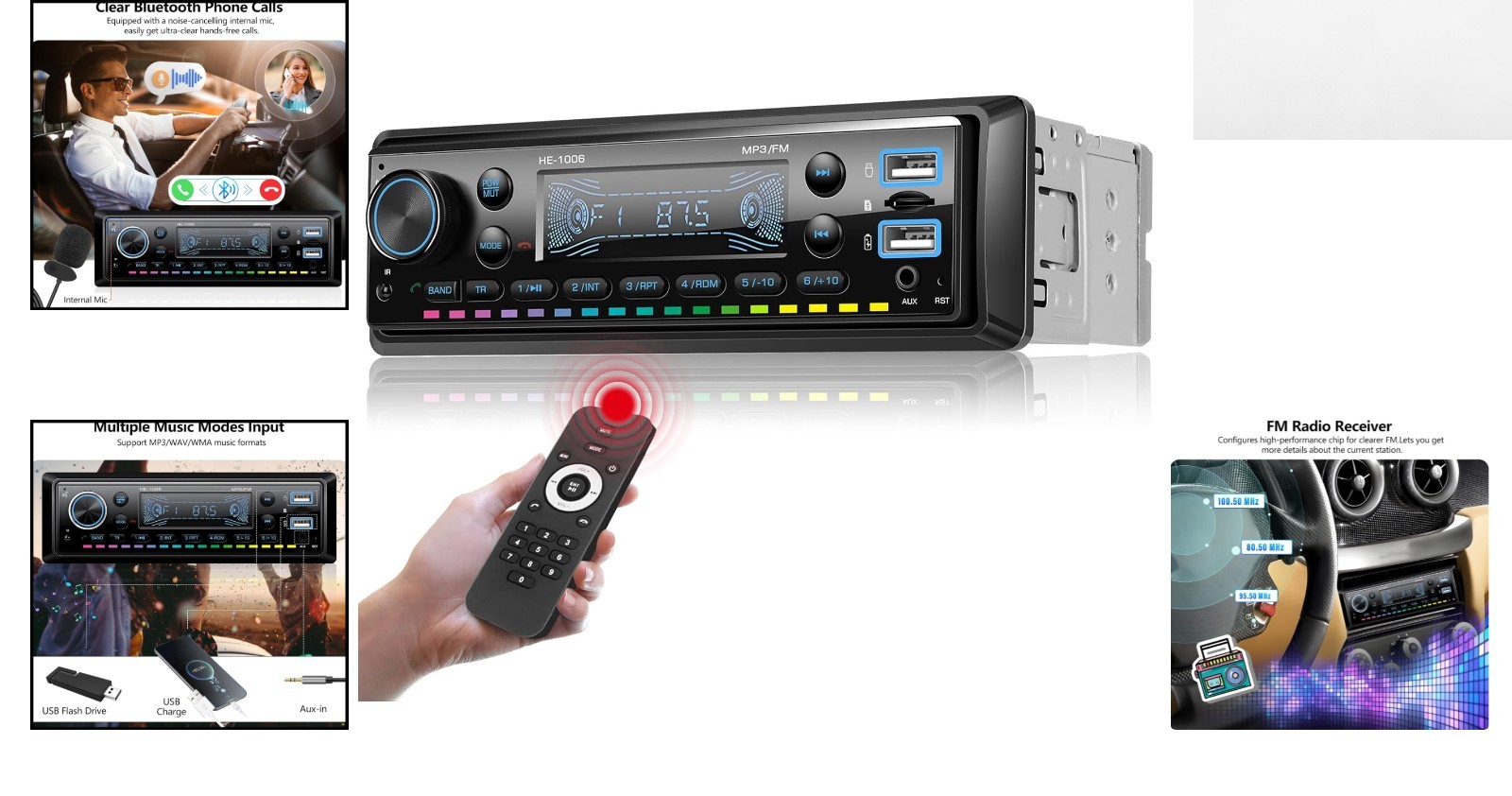 Compact Bluetooth Car Audio Receiver with USB/SD/AUX, Remote Control Included