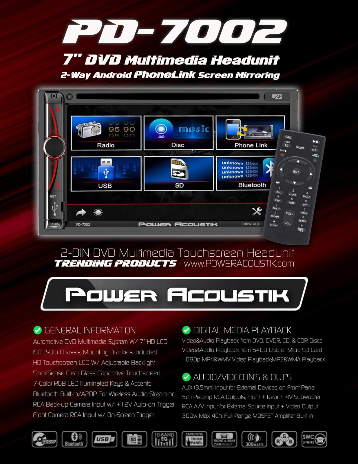 Power Acoustik PD-7002 2-DIN DVD Bluetooth Multimedia Receiver w/ 7″ Touchscreen