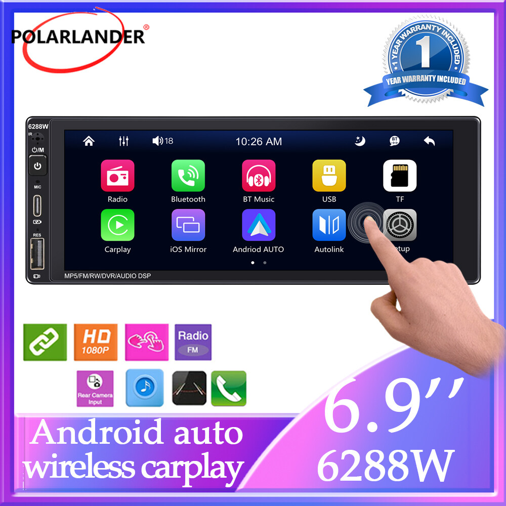 1 Din 6.9″ Wireless Carplay Android Auto Car Radio Touch Screen Bluetooth RDS AM