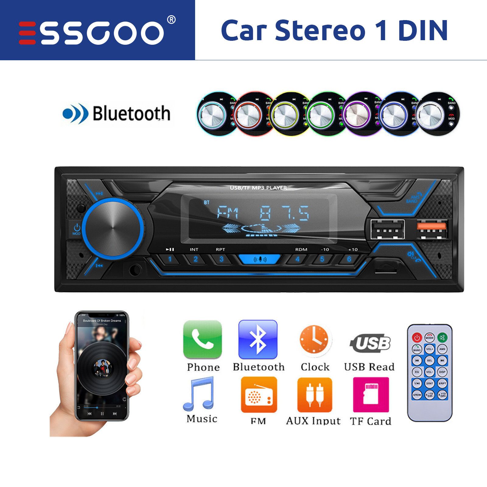 1 DIN Car Stereo Radio Bluetooth MP3 Player FM USB Input Audio In-Dash Head Unit