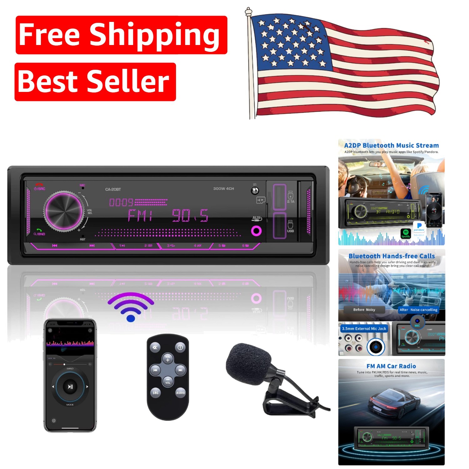 Single Din Marine Audio System: Bluetooth Stereo with RGB Buttons & Quick Charge
